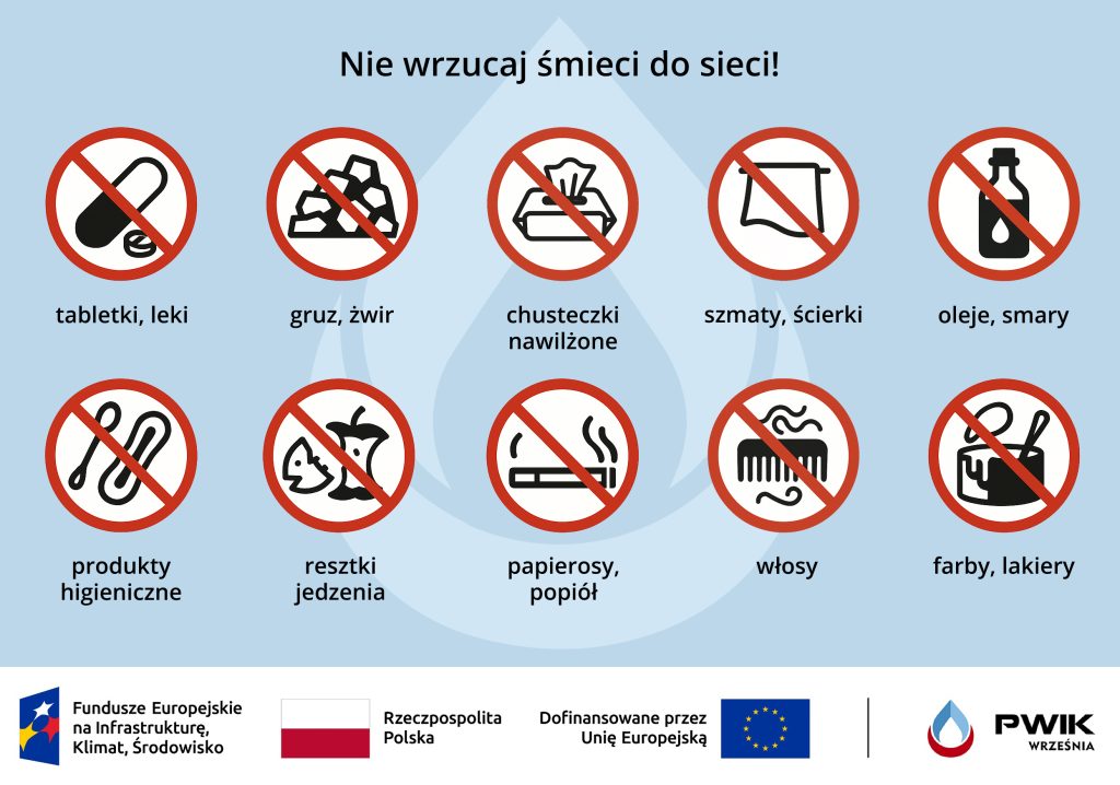 Grafika edukacyjna zatytułowana „Nie wrzucaj śmieci do sieci!” przedstawia dziesięć ikon przedmiotów, których nie wolno wrzucać do kanalizacji. Każdy z nich oznaczony jest czerwonym przekreślonym kółkiem. Zakazane odpady to: leki, gruz, chusteczki nawilżane, szmaty, oleje, produkty higieniczne, resztki jedzenia, papierosy, włosy oraz farby i lakiery. U dołu znajdują się logotypy Funduszy Europejskich, Rzeczpospolitej Polskiej, Unii Europejskiej oraz PWiK Września – podkreślające zaangażowanie instytucji w ochronę środowiska i promowanie dobrych praktyk kanalizacyjnych.
